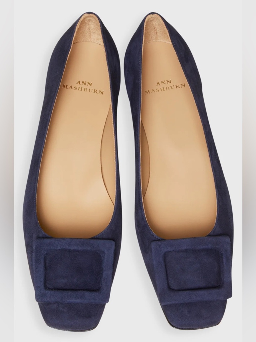 ANN MASHBURN Navy Suede Square-Toe Flats with Buckle Accent